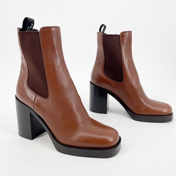 Prada Cognac Brown Leather Square Toe Block Heel Platform Chelsea Boot IT 37 - Picture 1 of 12